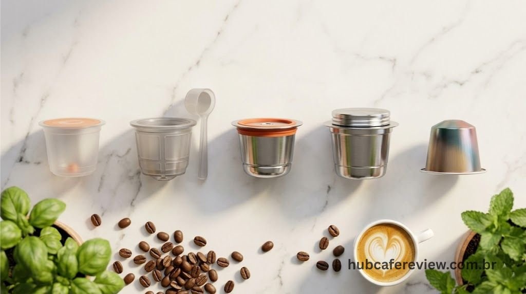 Comparativo de quatro tipos de cápsulas reutilizáveis 
em flat lay: plástico básico, plástico reforçado com 
colher, aço inoxidável com anel de silicone e aço 
premium com tampa rosqueada, com cápsula original 
ao final para referência de tamanho.