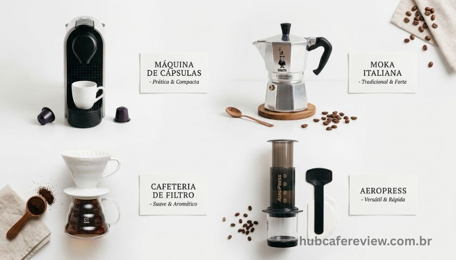 Quatro tipos de cafeteiras compactas 
organizadas em flat lay: cápsulas, 
moka italiana, filtro e Aeropress