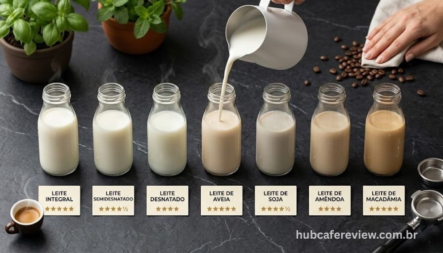 Flat lay com sete tipos de leite em garrafinhas de vidro 
sobre mármore escuro: leite integral, semidesnatado, 
desnatado, aveia, soja, amêndoa e macadâmia, com 
avaliação de qualidade de espuma abaixo de cada opção.