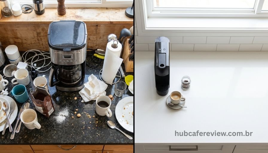 Comparação entre cafeteira grande convencional 
e cafeteira pequena compacta em bancada de cozinha