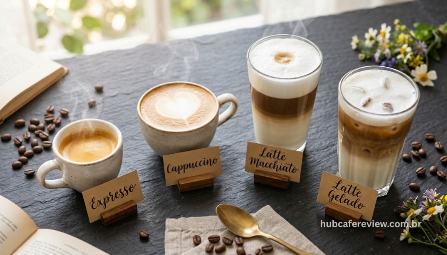 Quatro bebidas preparadas com a Oster PrimaLatte Touch dispostas 
em flat lay: espresso, cappuccino, latte macchiato e iced latte, 
sobre superfície de ardósia escura com iluminação natural.