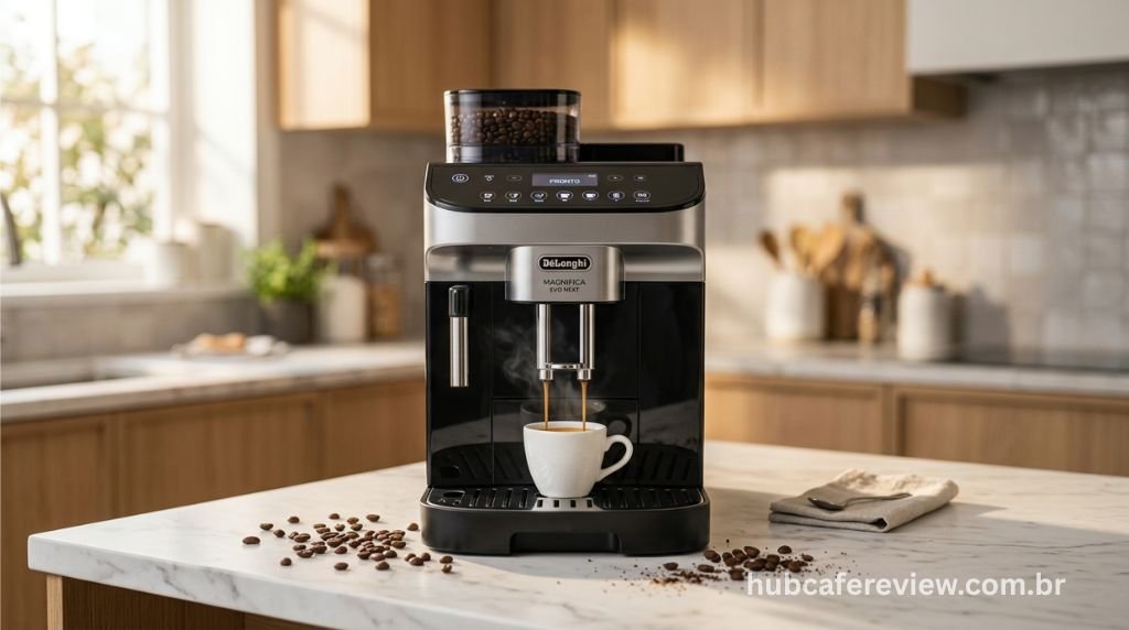 Cafeteira superautomática DeLonghi Magnifica Evo Next sobre bancada de cozinha moderna