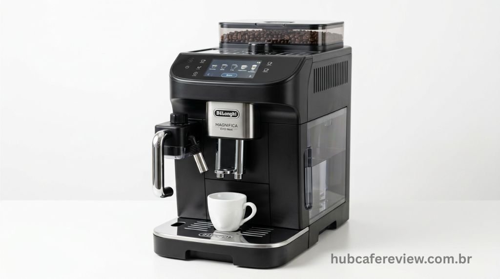 Vista frontal da DeLonghi Magnifica Evo Next destacando seu design compacto e acabamento premium