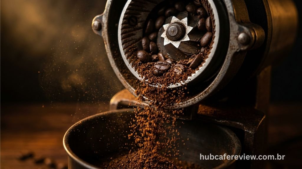 Moedor cônico integrado da DeLonghi Magnifica Evo Next com grãos de café sendo moídos