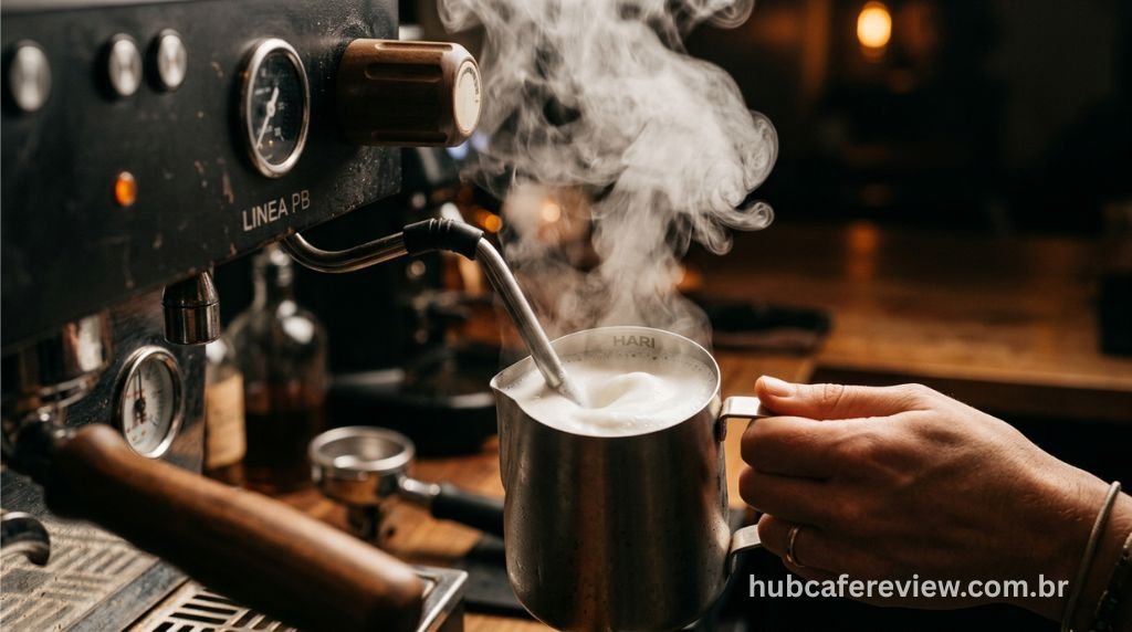 Vaporizador pannarello da DeLonghi Magnifica Evo Next espumando leite para cappuccino