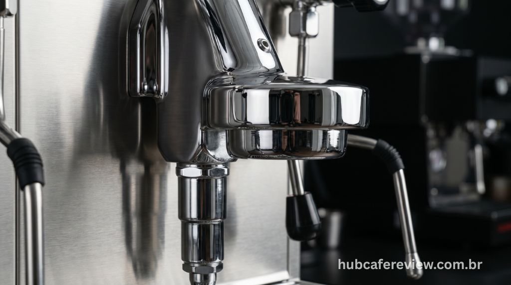 Detalhe da construção em aço inoxidável escovado da Gaggia Classic Pro com grupo de extração em cromo