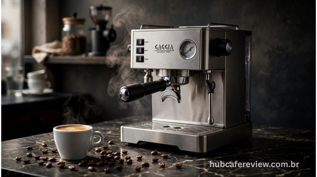 Cafeteira espresso semiautomática Gaggia Classic Pro em aço inoxidável sobre bancada de cozinha