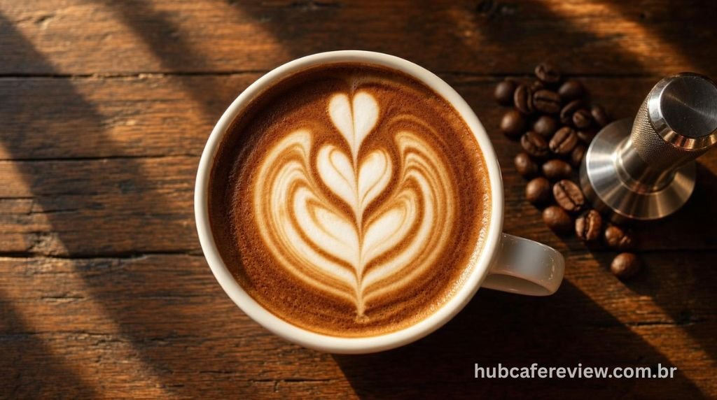 Cappuccino com latte art preparado pela Gaggia Classic Pro em xícara branca sobre mesa rústica