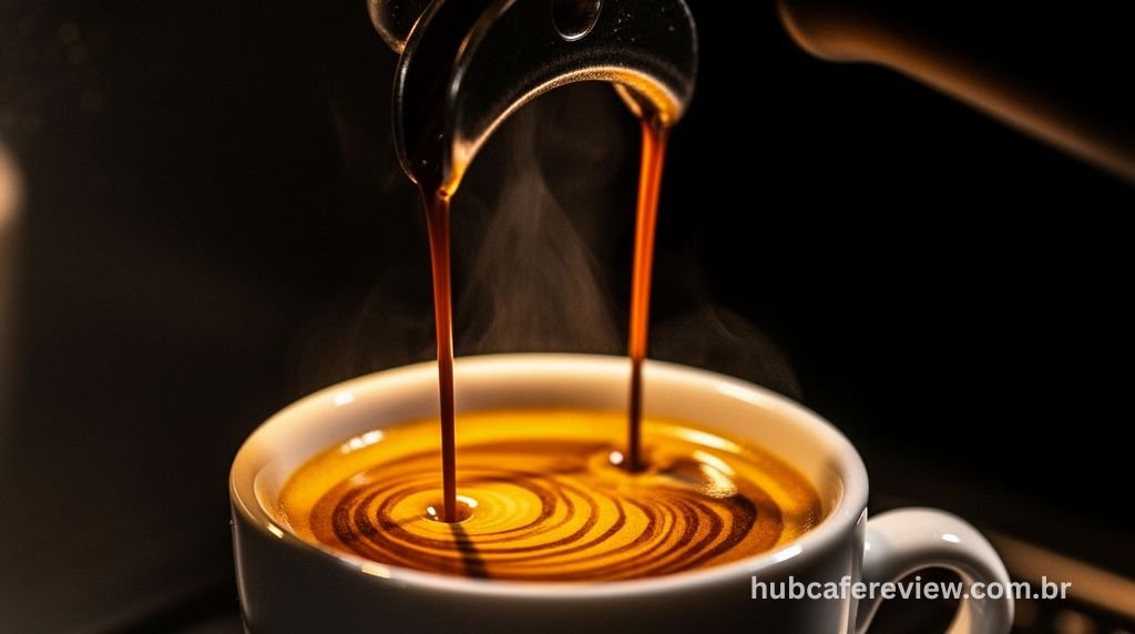 Espresso sendo extraído pela Gaggia Classic Pro com crema dourada densa e persistente