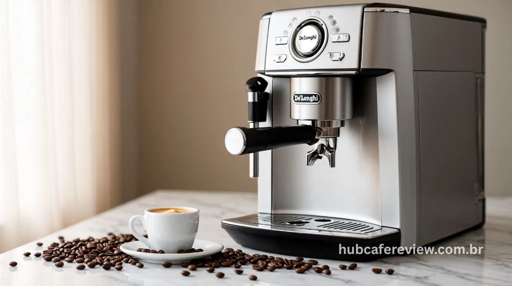 Cafeteira espresso semiautomática DeLonghi Dedica Style em aço inoxidável sobre bancada de cozinha moderna