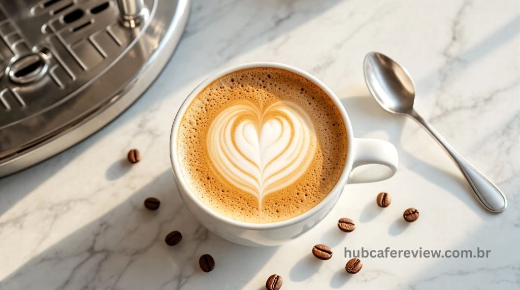 Cappuccino cremoso preparado pela DeLonghi Dedica Style em xícara branca sobre bancada de cozinha