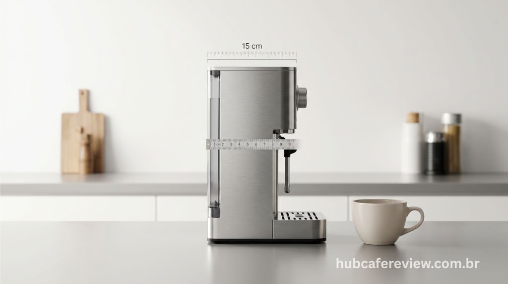 Vista lateral da DeLonghi Dedica Style destacando seu perfil ultrafino de apenas 15 centímetros de largura