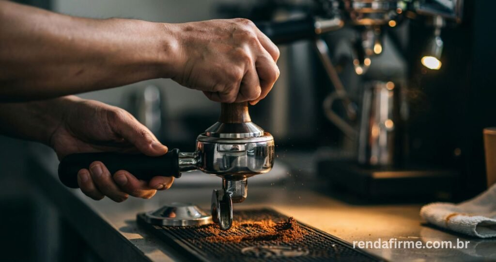Porta-filtro de 51mm da DeLonghi Dedica Style sendo preparado com tampagem de café moído fresco