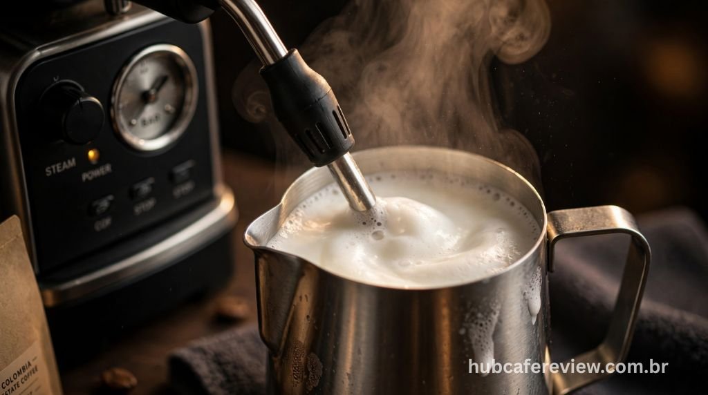 	
Vaporizador pannarello da DeLonghi Dedica Style espumando leite para cappuccino em recipiente de aço
