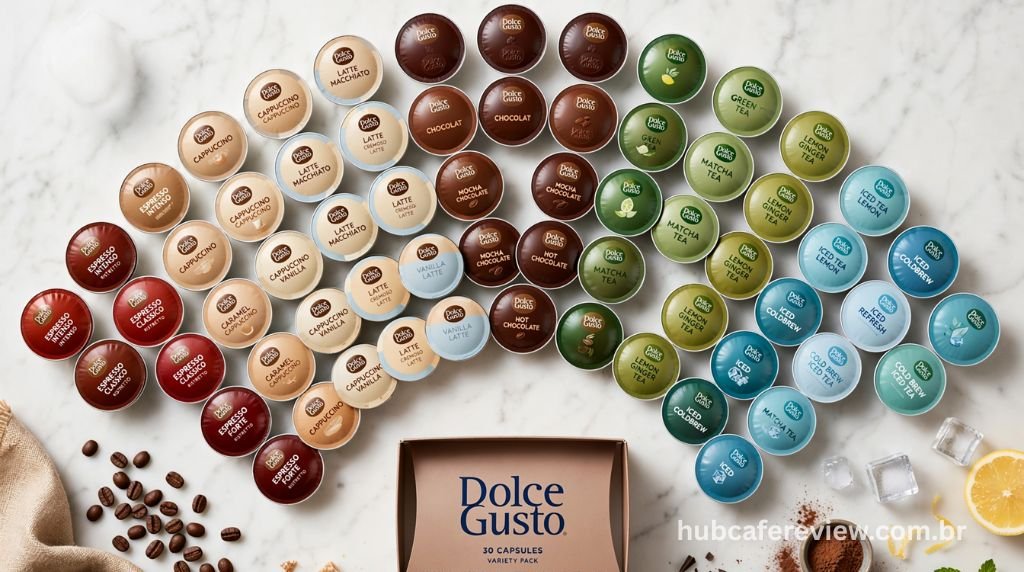 	
Ampla variedade de cápsulas Dolce Gusto dispostas em leque mostrando os diferentes tipos de bebidas disponíveis