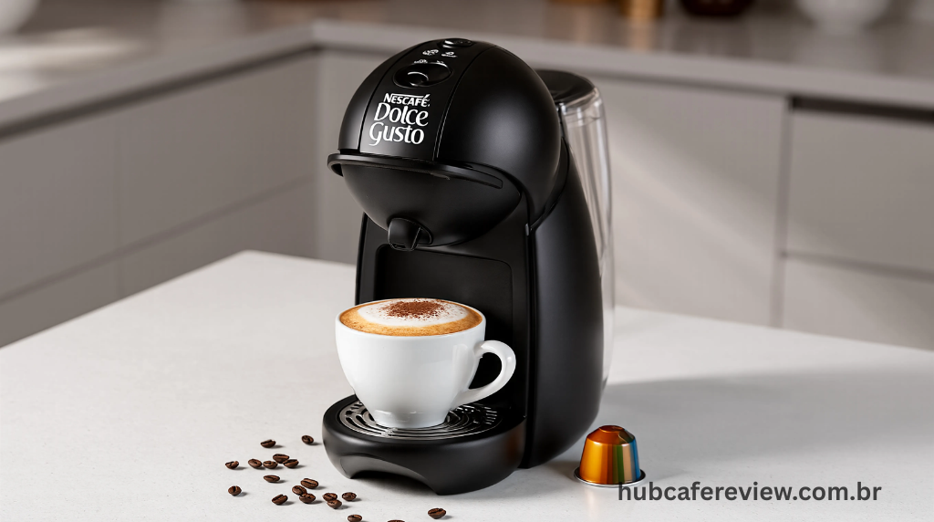 Cafeteira de cápsulas Dolce Gusto Genio S preta sobre bancada de cozinha moderna com cápsula e xícara de cappuccino ao lado