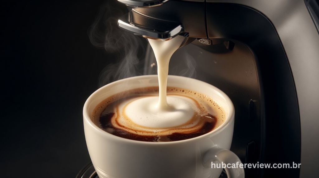 Processo de preparo de cappuccino na Dolce Gusto Genio S com duas cápsulas: leite sendo despejado sobre café na xícara