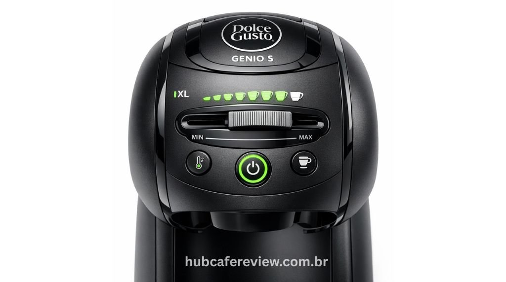	
Vista frontal da Dolce Gusto Genio S destacando o controle deslizante de volume e o design moderno arredondado