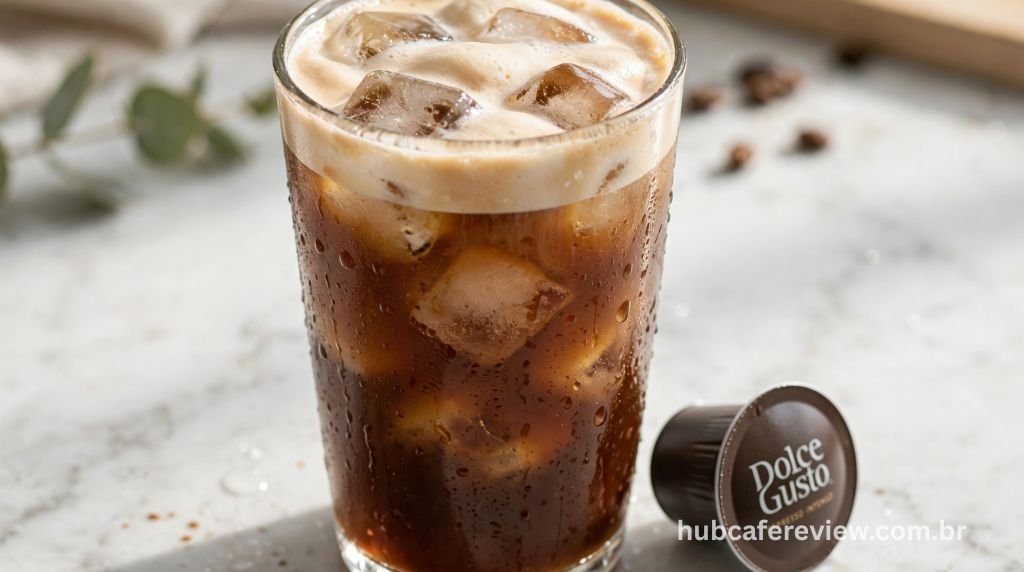 Copo de iced coffee preparado pela Dolce Gusto Genio S com cubos de gelo e espuma cremosa sobre mesa moderna