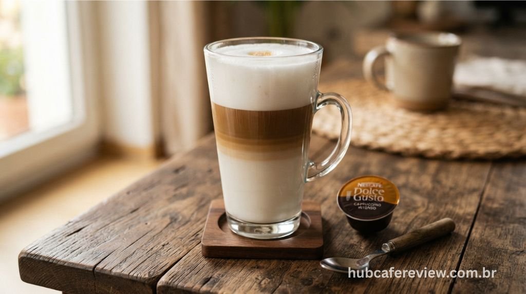 Latte macchiato com camadas visíveis de leite e café preparado pela Dolce Gusto Genio S em copo alto transparente