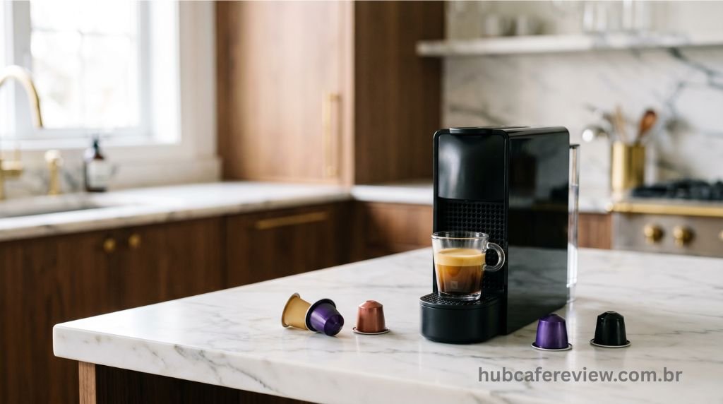 Cafeteira Nespresso Essenza Mini sobre uma bancada de mármore branco ao lado de uma xícara de espresso e cápsulas coloridas da Nespresso.