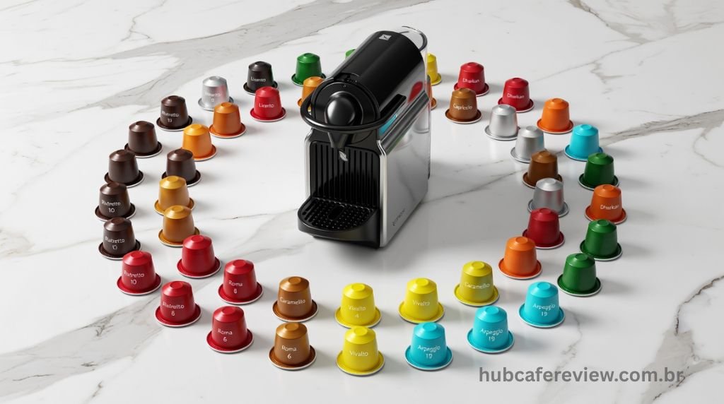 Diversas cápsulas Nespresso coloridas de diferentes sabores e intensidades organizadas ao redor da Nespresso Essenza Mini sobre uma bancada.
