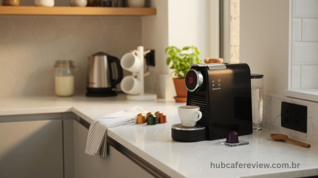Detalhe do design compacto e elegante da Nespresso Essenza Mini sobre uma bancada de cozinha pequena mostrando o pouco espaço que a máquina ocupa.