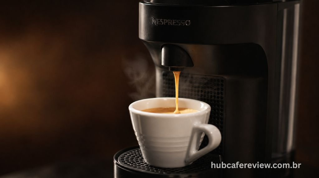 Nespresso Essenza Mini extraindo um espresso com crema dourada densa em uma xícara branca sobre uma bancada de mármore.