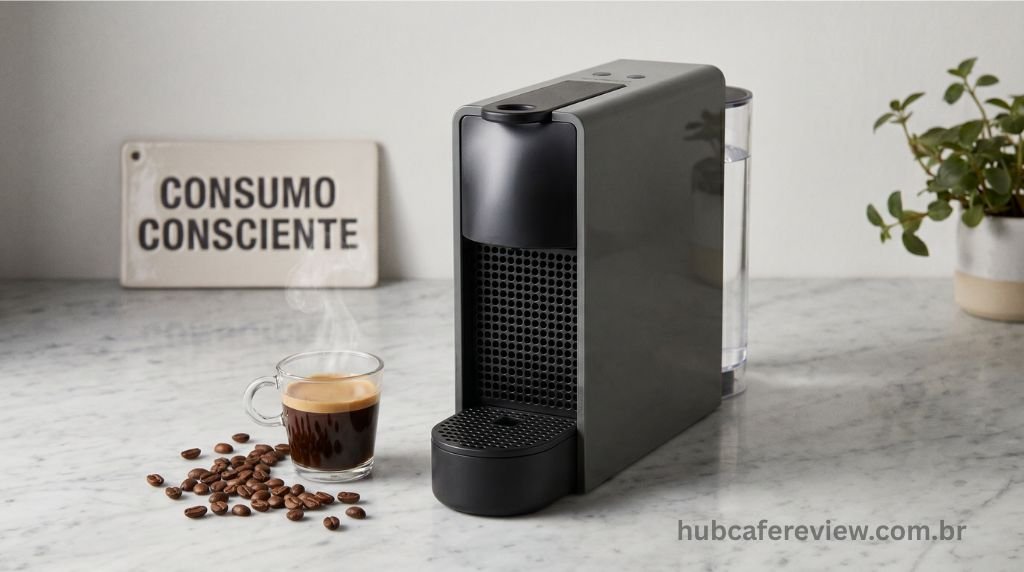 Nespresso Essenza Mini sobre uma bancada elegante ao lado de uma xícara de espresso e uma etiqueta de preço representando o custo-benefício da máquina.