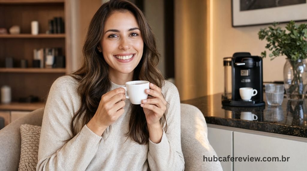 Pessoa sorrindo segurando uma xícara de espresso preparada com a Nespresso Essenza Mini em uma sala de estar moderna e aconchegante.