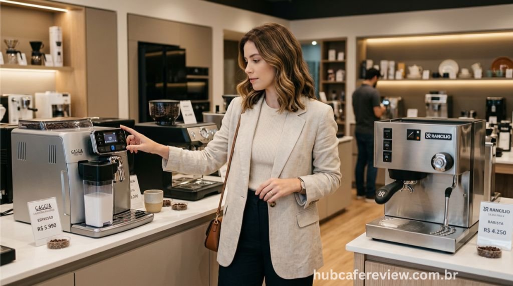 Pessoa avaliando duas cafeteiras diferentes em uma loja de eletrodomésticos comparando modelos superautomáticos e semiautomáticos antes de tomar uma decisão de compra.