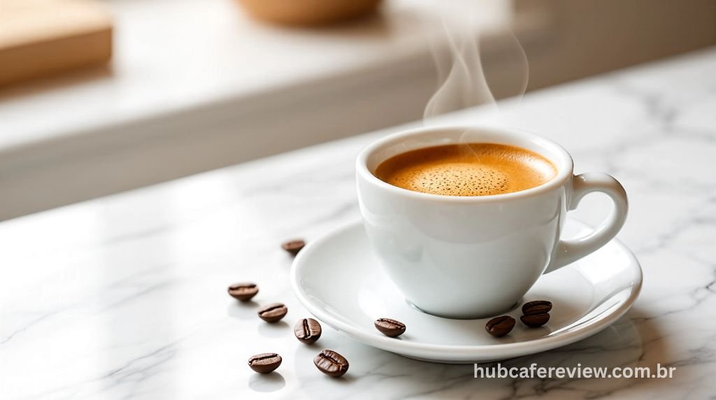 Xícara de espresso com crema perfeita sobre um pires branco em uma bancada elegante representando o resultado final independente do tipo de máquina escolhida.