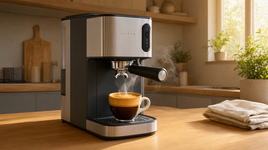 Máquina de café Nespresso preparando um espresso em uma cozinha moderna e aconchegante.