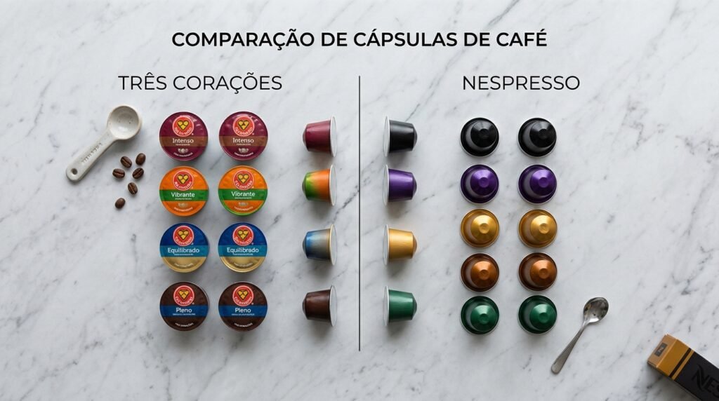 Cápsulas Três Corações e Nespresso posicionadas frente a frente sobre uma superfície neutra, representando a comparação entre as duas marcas.