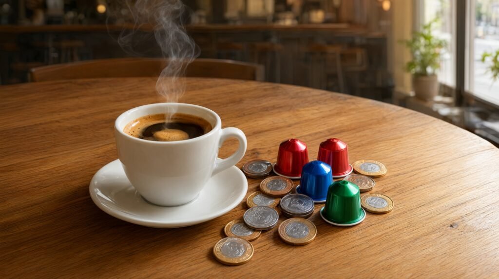 Xícara de café espresso ao lado de moedas e cápsulas de café sobre uma mesa, representando o custo-benefício do consumo de café em cápsulas.