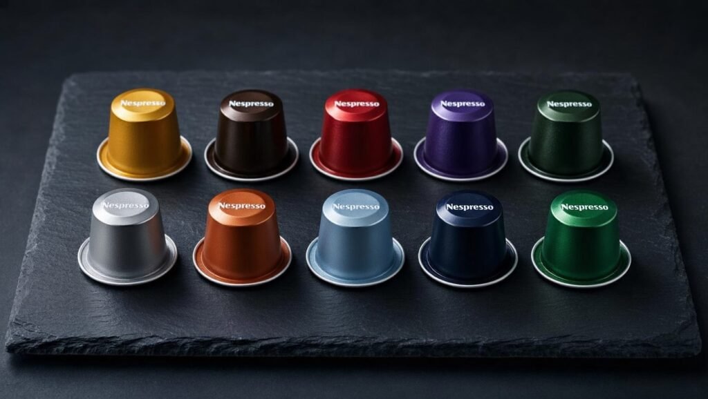 Diversas cápsulas Nespresso coloridas de diferentes sabores e intensidades organizadas em fileira sobre superfície escura.