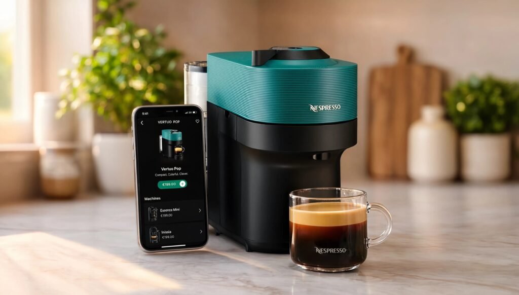 Smartphone com app Nespresso aberto ao lado da Vertuo Pop com xícara de café pronto demonstrando conectividade Bluetooth