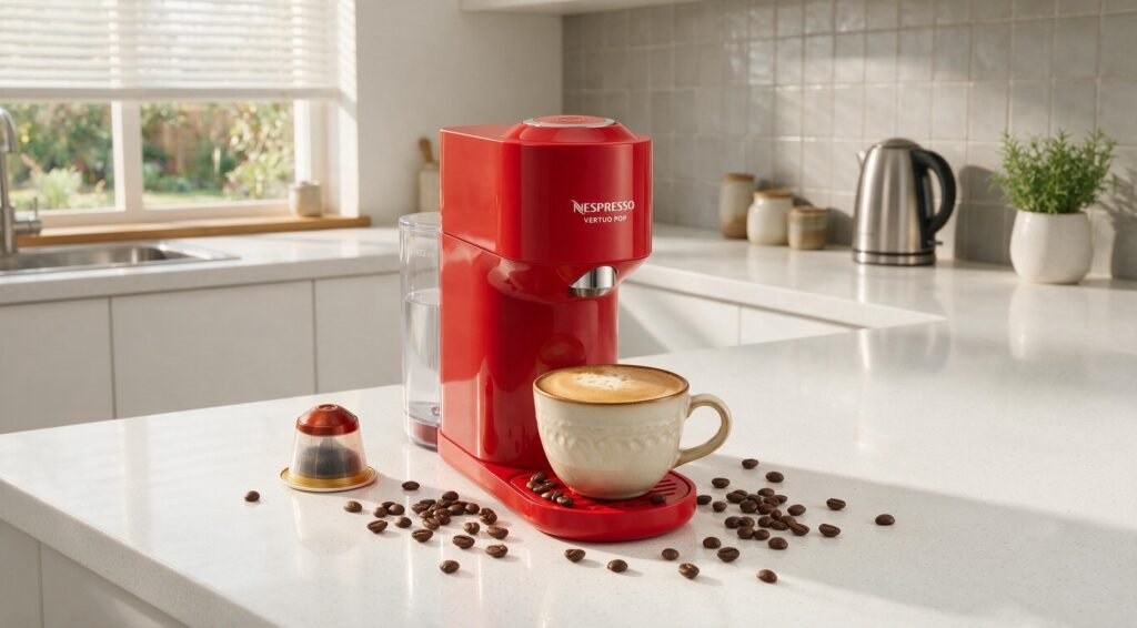 Cafeteira de cápsulas Nespresso Vertuo Pop colorida sobre bancada de cozinha moderna com cápsula Vertuo ao lado