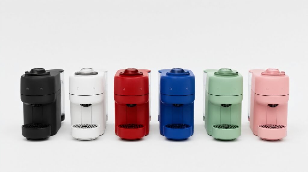 Nespresso Vertuo Pop disponível em seis cores: preto, branco, vermelho, azul, verde e rosa sobre fundo branco