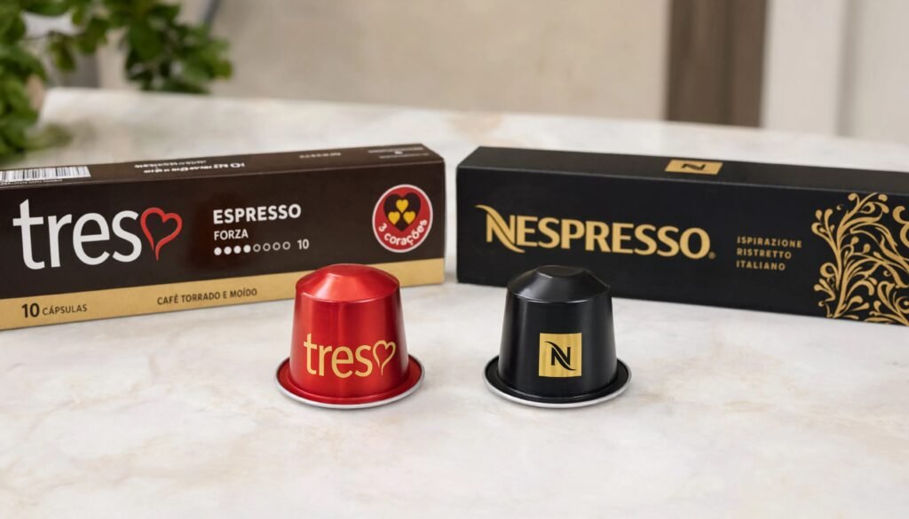 Cápsulas de café Três Corações e Nespresso lado a lado sobre uma bancada, representando a comparação entre as duas marcas.