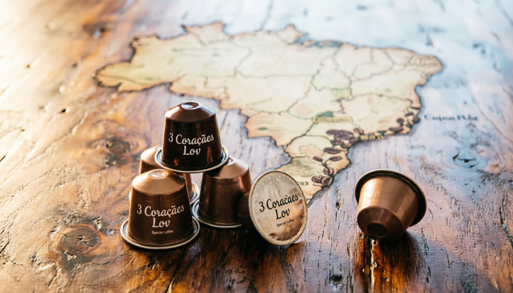 3 Corações Lov linha premium de cafés especiais nacionais com mapa do Brasil ao fundo