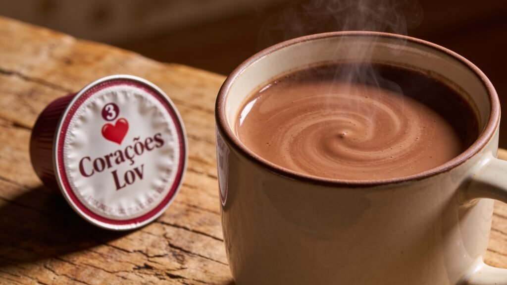 Xícara de chocolate quente cremoso preparado com cápsula 3 Corações Lov em mesa de madeira rústica