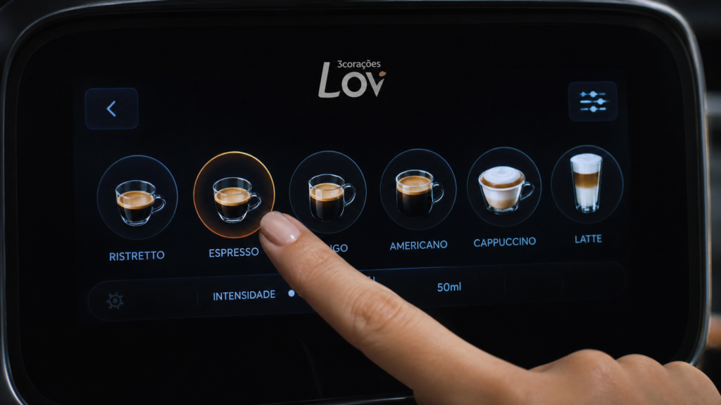 Painel touch screen da 3 Corações Lov com ícones de bebidas iluminados e dedo tocando a tela