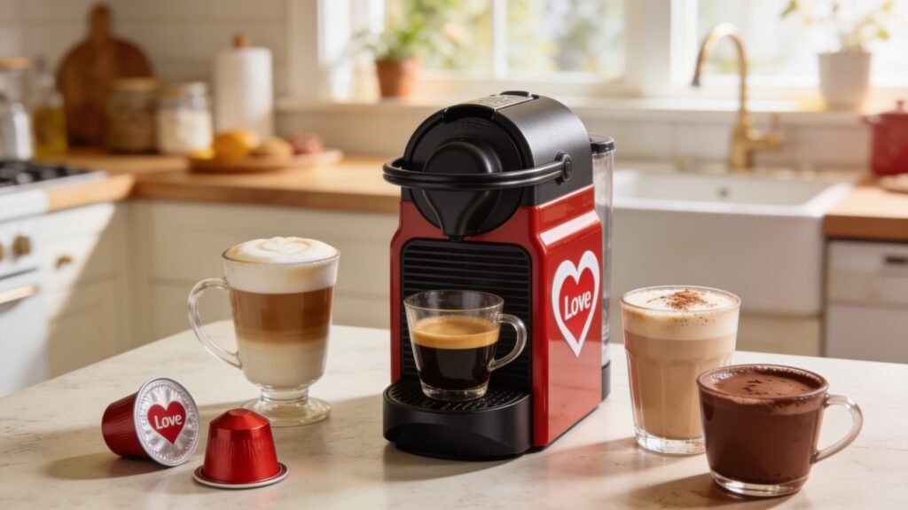 Máquina de cápsulas 3 Corações Lov em bancada de cozinha familiar com diferentes bebidas preparadas ao redor