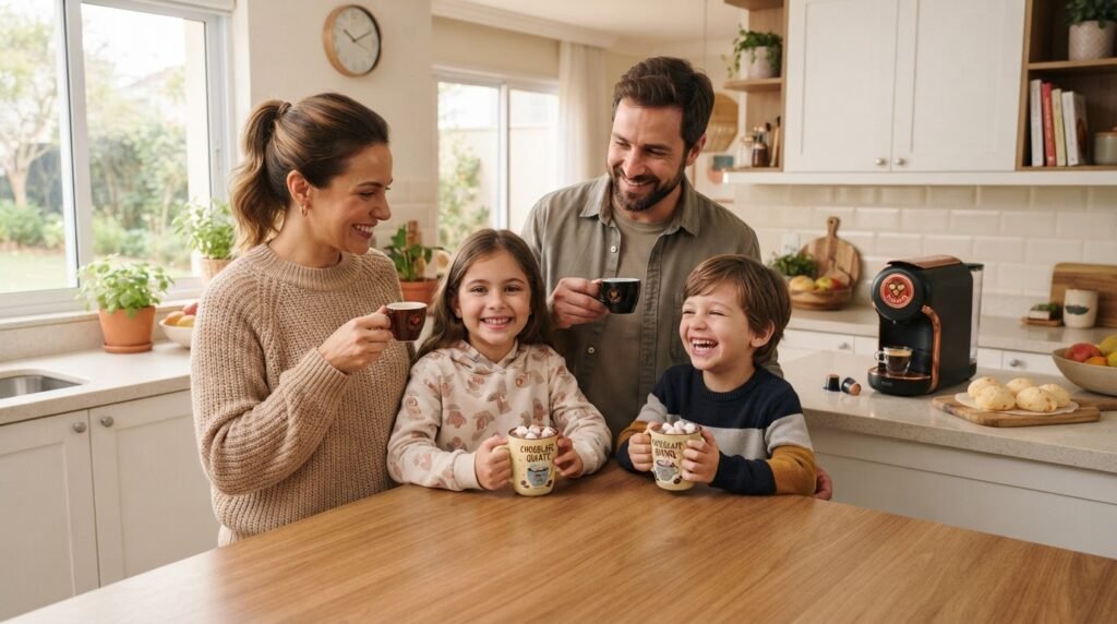 Família reunida na cozinha com a 3 Corações Lov preparando diferentes bebidas para cada membro