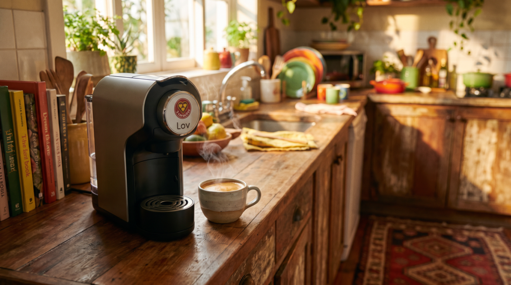 3 Corações Lov com xícara de espresso e nota final 8,5 em ambiente de cozinha aconchegante