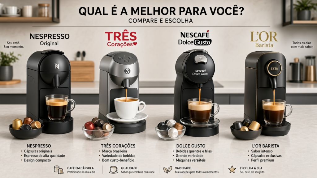 Comparativo entre máquinas de cápsulas 3 Corações Lov, Dolce Gusto Genio S Plus e Nespresso Essenza Mini