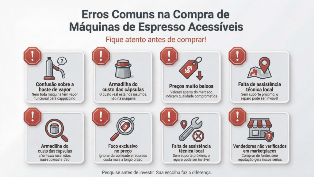 Infográfico de aviso com seis armadilhas comuns ao
comprar cafeteiras espresso baratas: confusão sobre
bar de pressão, preço muito baixo, custo de cápsulas,
sem assistência local, foco só no preço e vendedor
não verificado.