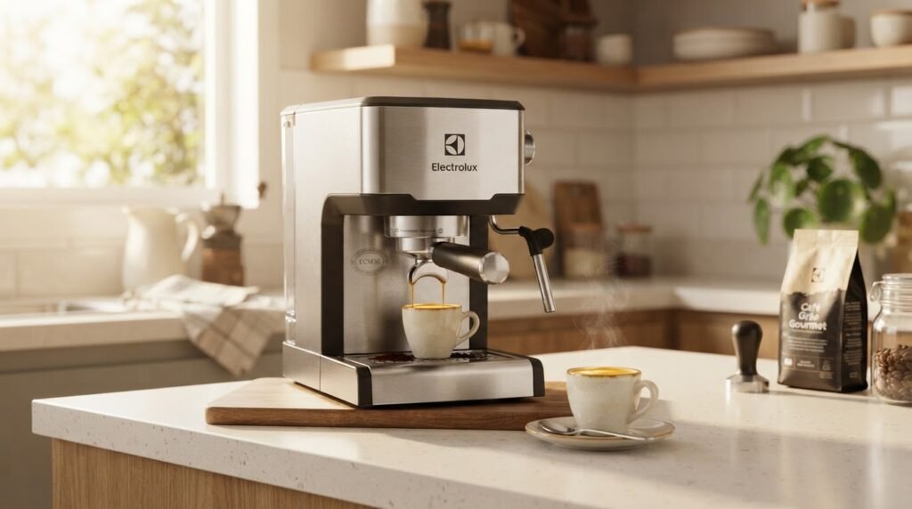 Cafeteira espresso Electrolux ECM30 em bancada de cozinha moderna com xícara de espresso e crema