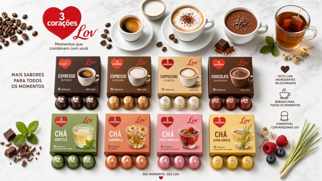 Linha completa de cápsulas 3 Corações Lov com diferentes sabores e tipos de bebidas dispostas em flat lay